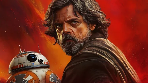 Weathered space wanderer guards loyal orange droid ally.