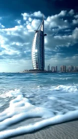 Sail shaped hotel tower beside shoreline under cloudy sky.