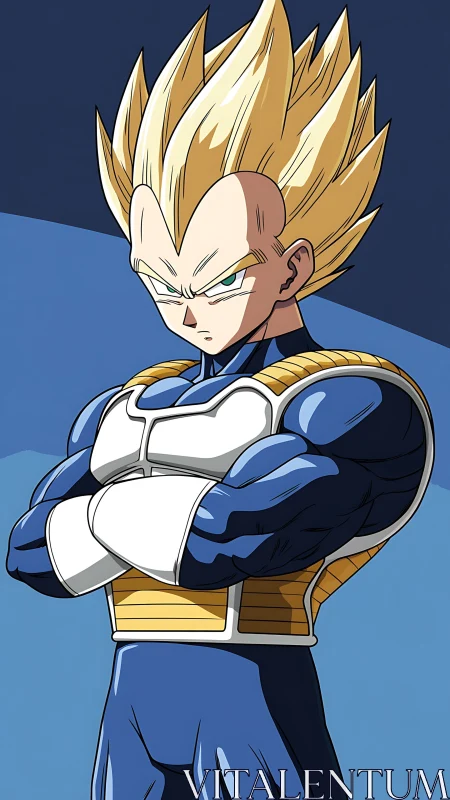 Stoic cosmic warrior with gravity-defying golden hair.