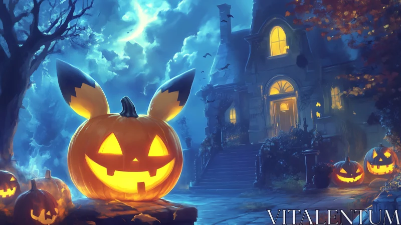 Eerie pumpkin creature glows before a haunted mansion at night.