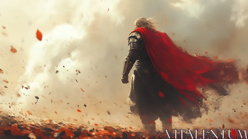 Armored warrior in red cloak amid swirling battle storm.