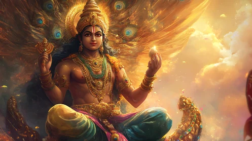 Radiant celestial deity sits enthroned in golden clouds