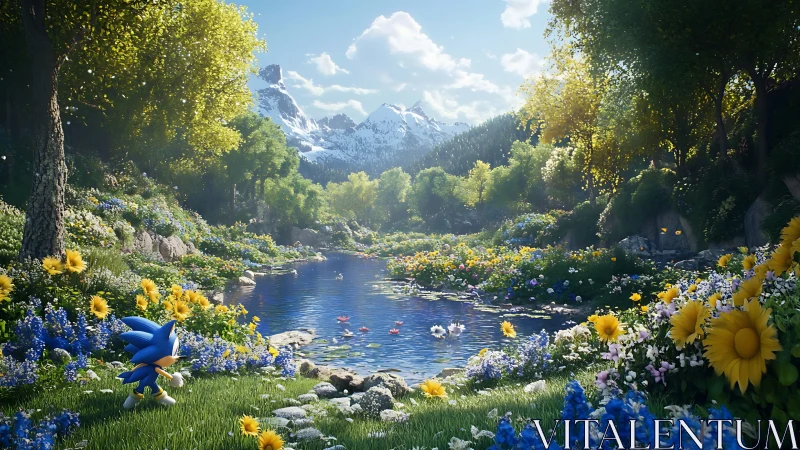 Sonic character moves through richly lit alpine flower valley