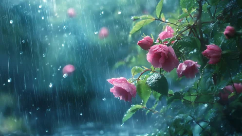 Rain-drenched roses whisper quietly beneath a teal storm