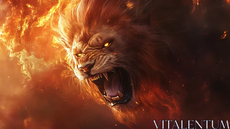 Mythic fire lion roars within swirling inferno clouds.