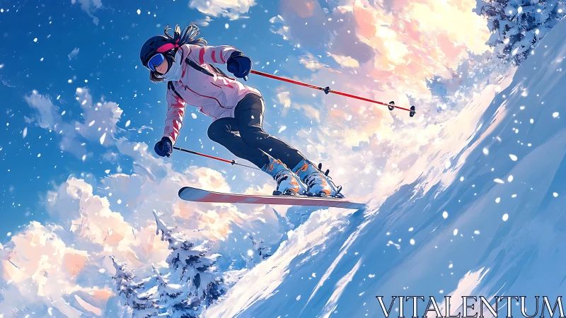 Skier Descending Snow-Covered Mountain in Alpine Landscape.