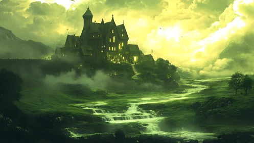 Enchanted hilltop castle glowing above misty green falls.