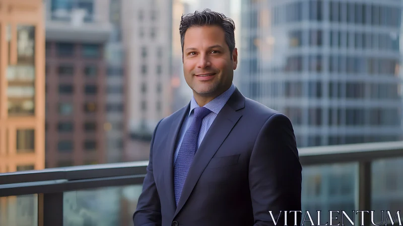 Man in formal suit stands on balcony before city buildings