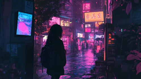 Lone traveler observes neon city street in rainy dusk.