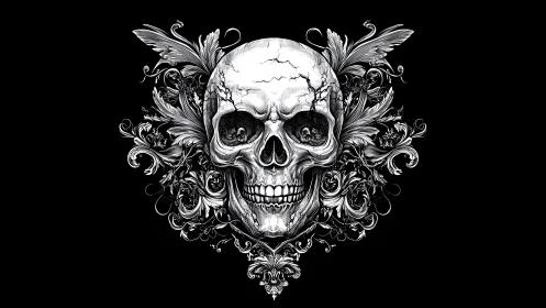 Ornate monochrome skull illustration merges anatomy with baroque filigree