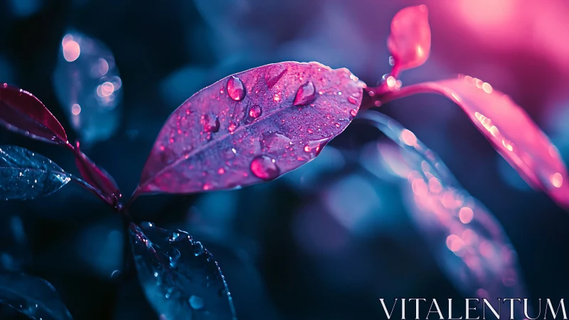 Leaves with water droplets under blue and pink lighting