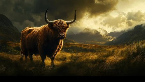 Majestic Highland cow stands under storm-lit golden skies