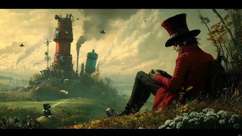 Solitary man in red coat overlooking whimsical factory