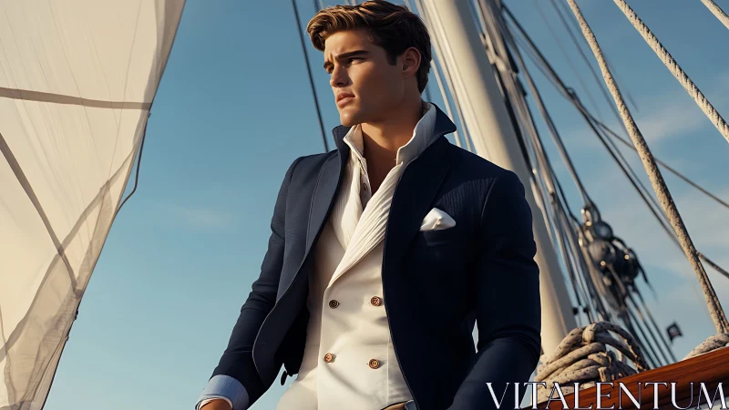 Elegantly dressed sailor gazes seaward on luxury yacht.