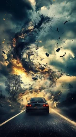 Sedan on wet roadway approaching large atmospheric vortex.