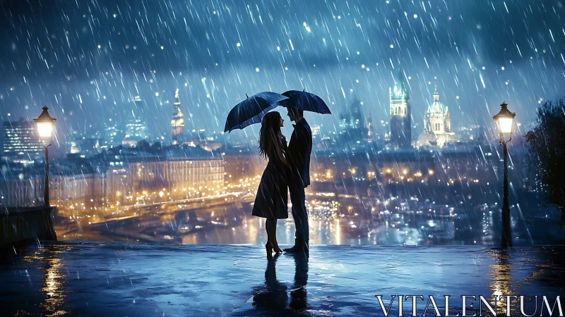 Two Hearts Dancing Through Rain Against Glowing Cityscapes