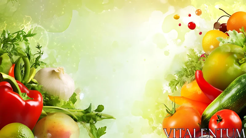 Color-rich vegetables framing luminous green backdrop.