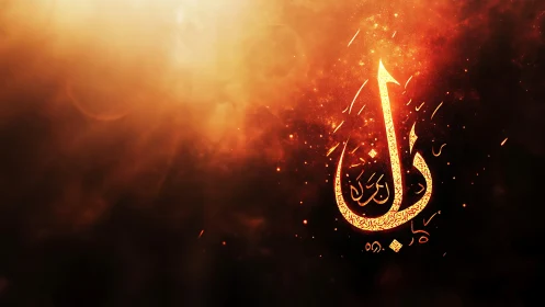 Arabic calligraphy symbol with glowing orange light field.