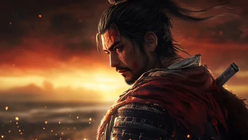 Armored warrior profile against burning sunset sky.