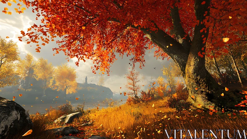 Crimson maple sentinel over windswept golden riverside.