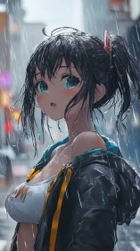 Rain-soaked anime girl pauses in a neon-lit city street.
