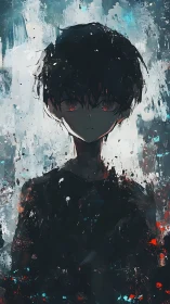 Brooding red eyed figure in fragmented abstract gloom.