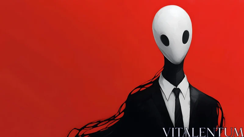 White oval-headed humanoid figure in suit on red field.