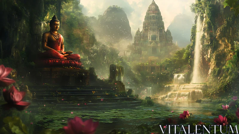 Buddha statue overlooks misty temple above lotus falls.