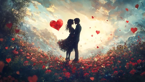Silhouetted couple in floral landscape with floating hearts.