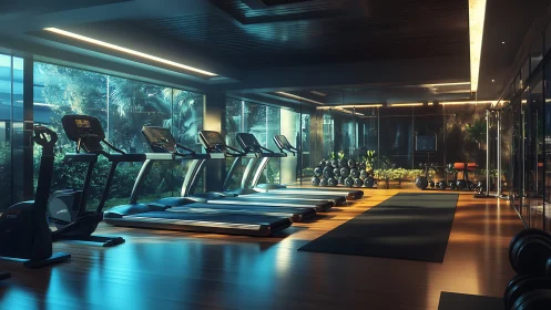 Modern indoor gym with treadmills and strength equipment.