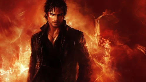 Brooding antihero stands in swirling inferno of burning light