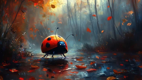 Tiny ladybug wandering through a misty autumn forest.
