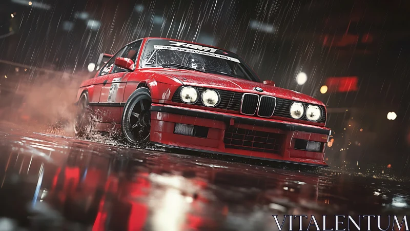 Red BMW drift machine carves wet neon city street.