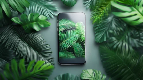 Lush green leaves gently frame a sleek modern smartphone