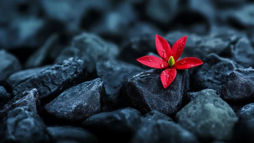 Red Flower on Dark Rocks.