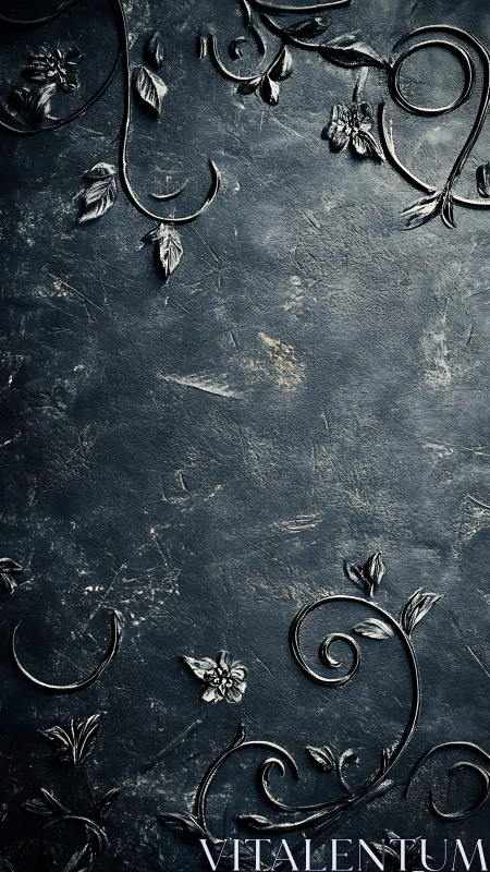 Ornate dark floral scrollwork over textured stone surface.