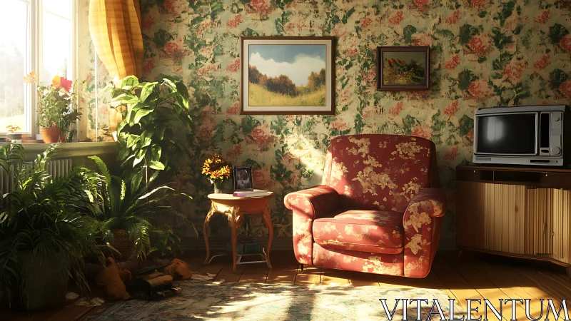 Sunlit floral armchair stands in patterned vintage living room