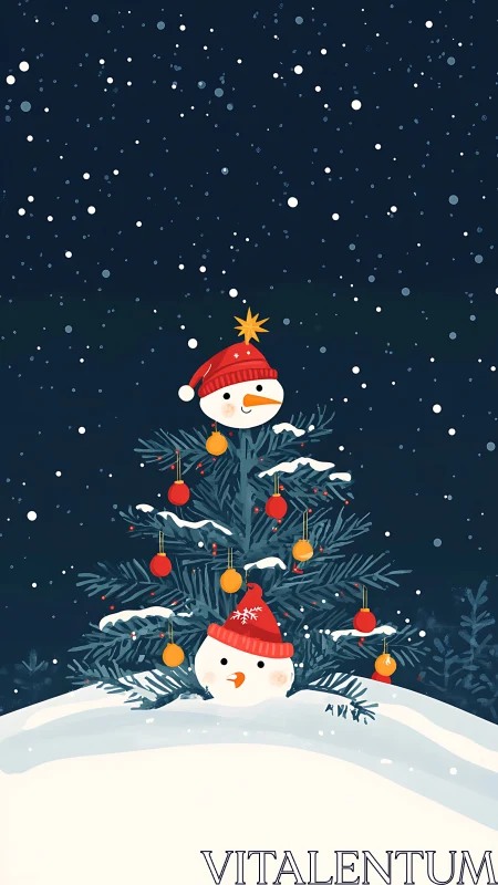 Snowman tree with ornaments under falling night snow.