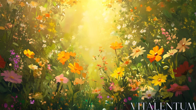 Sunlit wildflower meadow glows in a dreamy golden haze