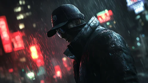 Rain-soaked urban operative under neon-saturated nightfall.