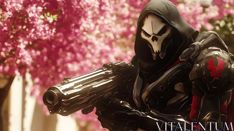 Armored skull-masked shooter stands before pink blossoms