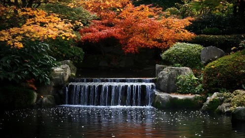 Calm garden waterfall framed by bright autumn foliage.