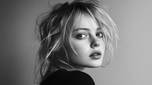 Storm-tousled gaze in grayscale quiet, frozen mid-turn.