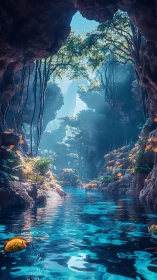 Luminous jungle cavern opens onto radiant turquoise river.