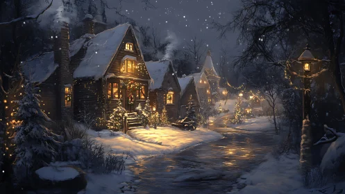 Snow-covered village lane with illuminated rustic cabins at night