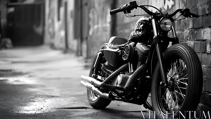 Custom black motorcycle parked in narrow urban alleyway