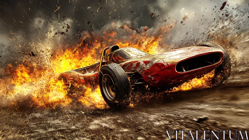 Fiery vintage race car surging through sparks and storm.