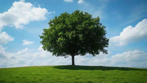 Majestic lone tree on grassy hill under bright blue sky, realistic style.