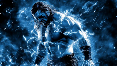 Electrified warrior stands empowered amid storm surge energy