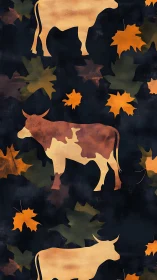Cows and autumn leaves pattern on dark textured background.
